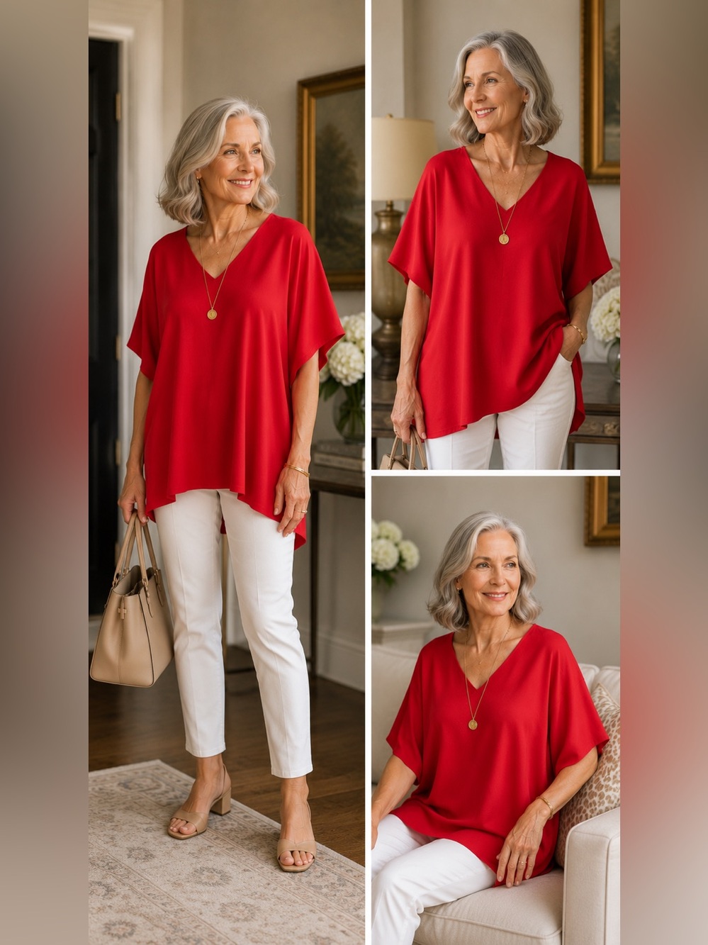Lauren Ralph Lauren Red V Neck Tunic Poncho Top Small Elegant